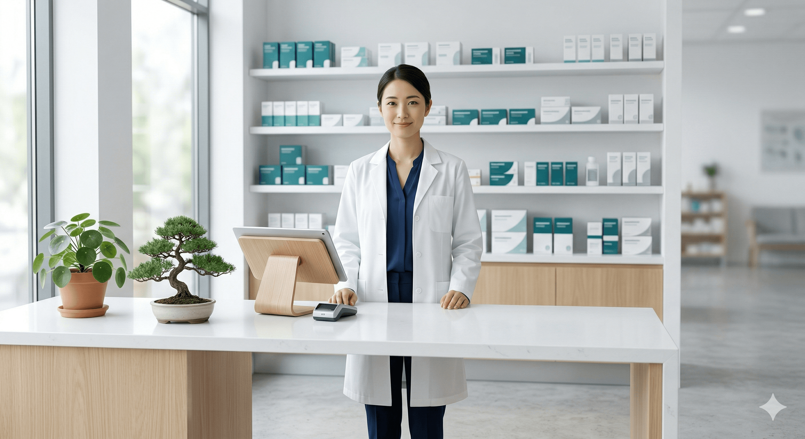 清潔感のある薬局のカウンターと薬剤師